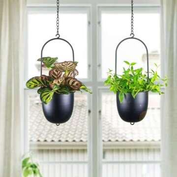 HemePaha Metal Hanging Planters, Set of 2 Black Oval Plant Hangers with 6 inch Flower Pots, Modern Wall and Ceiling Plant Holders for Indoor Outdoor Plants Home Décor (Stackable)