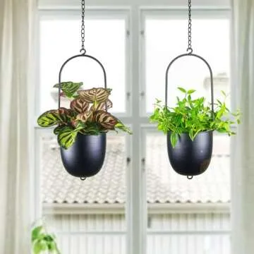 HemePaha Metal Hanging Planters, Set of 2 Black Oval Plant Hangers with 6 inch Flower Pots, Modern Wall and Ceiling Plant Holders for Indoor Outdoor Plants Home Décor (Stackable)
