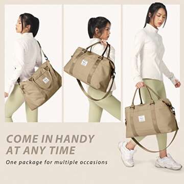 Travel Duffel Bags for Women Mens Waterproof Weekender Carry on Bag Sports Gym Bag Travel Tote Bags with Wet Pocket Overnight Bag Workout Duffel Bags with Trolley Sleeve Khaki