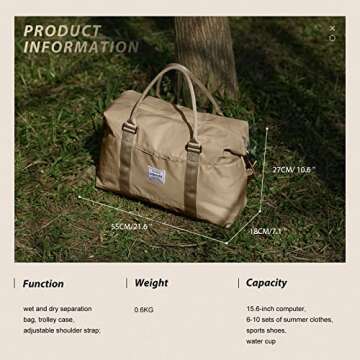 Travel Duffel Bags for Women Mens Waterproof Weekender Carry on Bag Sports Gym Bag Travel Tote Bags with Wet Pocket Overnight Bag Workout Duffel Bags with Trolley Sleeve Khaki