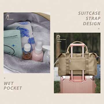 Travel Duffel Bags for Women Mens Waterproof Weekender Carry on Bag Sports Gym Bag Travel Tote Bags with Wet Pocket Overnight Bag Workout Duffel Bags with Trolley Sleeve Khaki