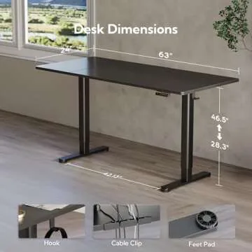 Claiks Electric Standing Desk, Adjustable Height Stand up Desk, 63x24 Inches Sit Stand Home Office Desk with Splice Board, Black Frame/Black Top