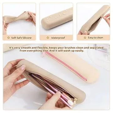 GOLIKEE Travel Makeup Brush Holder, Silicon Cosmetic Brush Bag Case with Zipper, Brushes No Fall Out, Soft and Portable Make Up Pouch Organizer for Travel