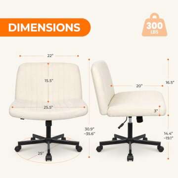 NEO CHAIR Criss Cross Chair with Wheels Armless Cross Legged Office Desk Wide Comfy Vanity Makeup Ch...