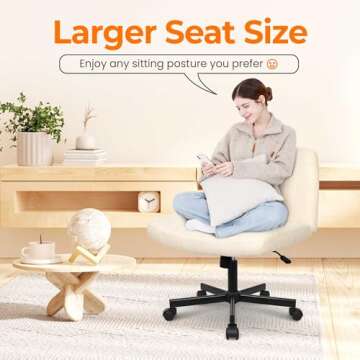 NEO CHAIR Criss Cross Chair with Wheels Armless Cross Legged Office Desk Wide Comfy Vanity Makeup Chair Adjustable Swivel Computer Task for Home Office Fabric (Beige)