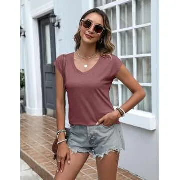 Zeagoo Womens Tops Cap Sleeve T Shirts V Neck Basic Tees Tops Lightweight Casual Summer Fashion Tren...