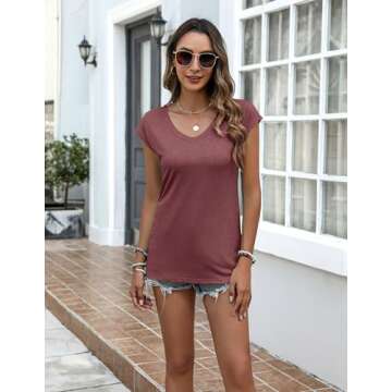 Zeagoo Womens Tops Cap Sleeve T Shirts V Neck Basic Tees Tops Lightweight Casual Summer Fashion Trendy Outfits Clothes Wine Red
