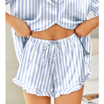 HOTOUCH Womens Silk Satin Pajamas Set Button Down Short Sleeve Sleepwear Set 2 Piece Ruffled Pjs Blue Striped, XL