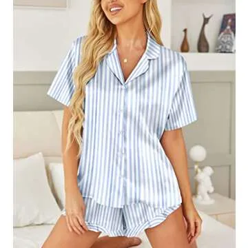 HOTOUCH Womens Silk Satin Pajamas Set Button Down Short Sleeve Sleepwear Set 2 Piece Ruffled Pjs Blue Striped, XL