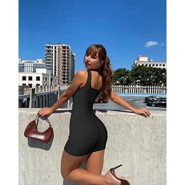 OQQ Women's 2 Piece Ribbed Sleeveless Square Neck Tank Top Mini Dress, Beige,black, Small