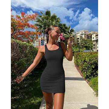 OQQ Women's 2 Piece Ribbed Sleeveless Square Neck Tank Top Mini Dress, Beige,black, Small