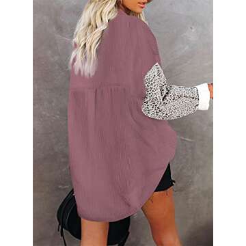 SHEWIN Womens Corduroy Shacket Jacket Long Sleeve Button Down Shirt Fall Casual Loose Leopard Patchwork Oversized Tops with Packets,US 8-10(M),Pink