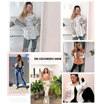 SHEWIN Womens Corduroy Shacket Jacket Long Sleeve Button Down Shirt Fall Casual Loose Leopard Patchwork Oversized Tops with Packets,US 8-10(M),Pink