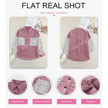 SHEWIN Womens Corduroy Shacket Jacket Long Sleeve Button Down Shirt Fall Casual Loose Leopard Patchwork Oversized Tops with Packets,US 8-10(M),Pink