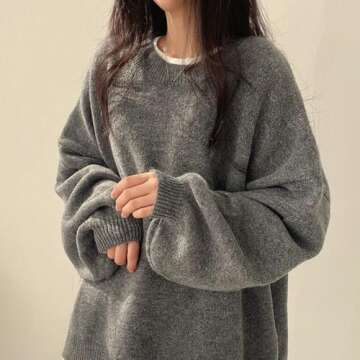 Women's Solid Knitting Split Hem Crewneck Jumper,Women's Long Sleeve Pullover Sweater Fall Casual So...