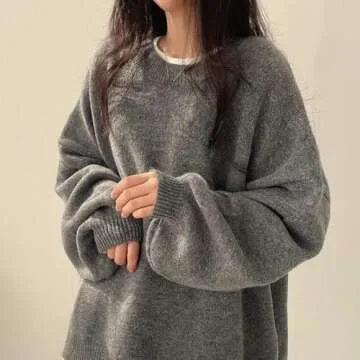 Women's Solid Knitting Split Hem Crewneck Jumper,Women's Long Sleeve Pullover Sweater Fall Casual So...