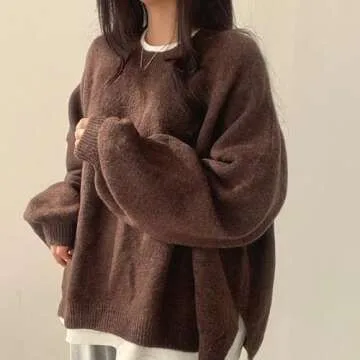Women's Solid Knitting Split Hem Crewneck Jumper,Women's Long Sleeve Pullover Sweater Fall Casual Soft Ribbed Knit (One Size,Gray)