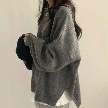 Women's Solid Knitting Split Hem Crewneck Jumper,Women's Long Sleeve Pullover Sweater Fall Casual Soft Ribbed Knit (One Size,Gray)