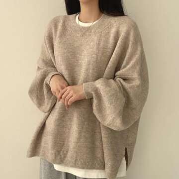 Women's Solid Knitting Split Hem Crewneck Jumper,Women's Long Sleeve Pullover Sweater Fall Casual Soft Ribbed Knit (One Size,Gray)
