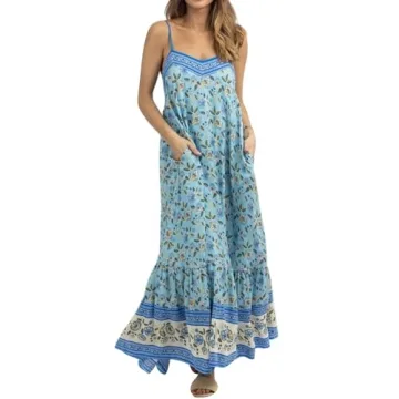 Women Y2k Boho Maxi Dress Vintage Floral Tie Shoulder Strap Sleeveless A Line Long Dress Summer Beac...