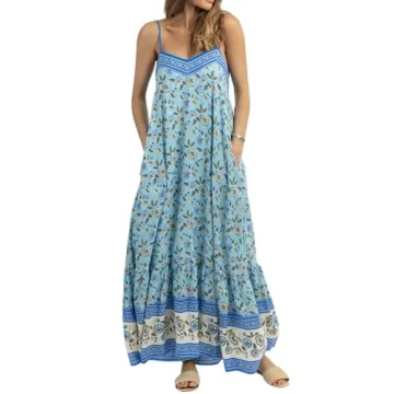 Women Y2k Boho Maxi Dress Vintage Floral Tie Shoulder Strap Sleeveless A Line Long Dress Summer Beach Flowy Dresses C Blue