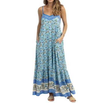 Women Y2k Boho Maxi Dress Vintage Floral Tie Shoulder Strap Sleeveless A Line Long Dress Summer Beach Flowy Dresses C Blue