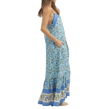 Women Y2k Boho Maxi Dress Vintage Floral Tie Shoulder Strap Sleeveless A Line Long Dress Summer Beach Flowy Dresses C Blue