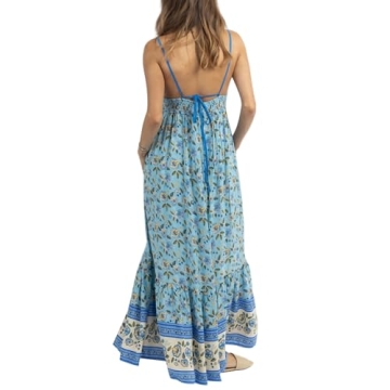 Women Y2k Boho Maxi Dress Vintage Floral Tie Shoulder Strap Sleeveless A Line Long Dress Summer Beach Flowy Dresses C Blue
