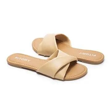 FITORY Women's Flat Sandals Fashion Slides With Soft Leather Slippers for Summer Size 7