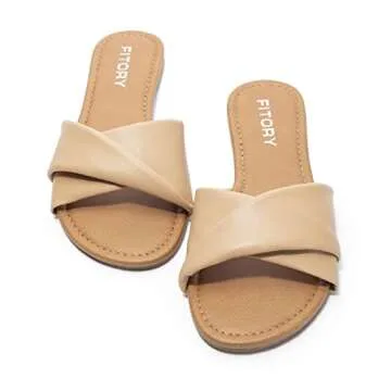 FITORY Women's Flat Sandals Fashion Slides With Soft Leather Slippers for Summer Size 7