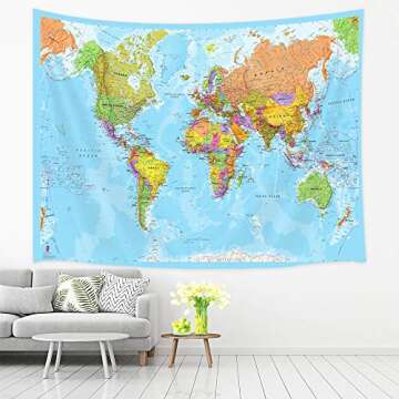 JAWO Map Tapestry, World Map Tapestries, Wall Art Hanging for Bedroom Living Room Dorm School Classr...