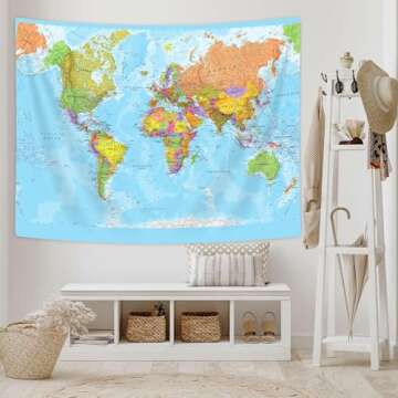 JAWO Map Tapestry, World Map Tapestries, Wall Art Hanging for Bedroom Living Room Dorm School Classroom, Great Tool for Students and Teachers 60X40Inches Wall Blankets