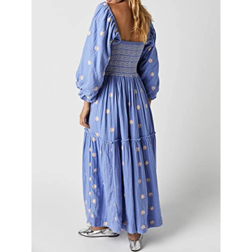 AnotherChill Women's Casual Embroidered Maxi Dress Floral Flowy Square Neck Dresses with Puff Sleeves for Summer 2023 (Blue, Large)