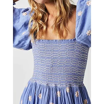 AnotherChill Women's Casual Embroidered Maxi Dress Floral Flowy Square Neck Dresses with Puff Sleeves for Summer 2023 (Blue, Large)