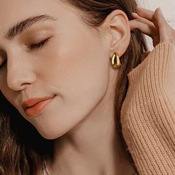 NEVEGE Chunky Gold Hoop Earrings for Women 14K Gold Drop Earrings Sterling Silver Hoops Hypoallergenic Chunky Gold Earrings Lightweight Chunky Earrings for Women