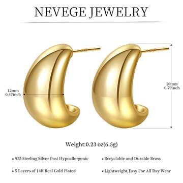 NEVEGE Chunky Gold Hoop Earrings for Women 14K Gold Drop Earrings Sterling Silver Hoops Hypoallergenic Chunky Gold Earrings Lightweight Chunky Earrings for Women