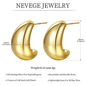 NEVEGE Chunky Gold Hoop Earrings for Women 14K Gold Drop Earrings Sterling Silver Hoops Hypoallergenic Chunky Gold Earrings Lightweight Chunky Earrings for Women