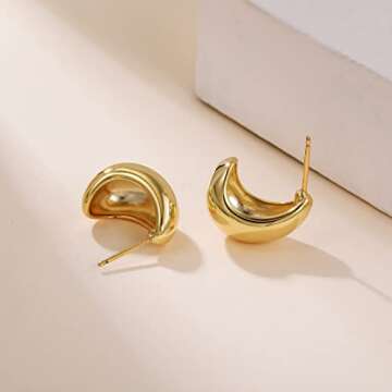 NEVEGE Chunky Gold Hoop Earrings for Women 14K Gold Drop Earrings Sterling Silver Hoops Hypoallergenic Chunky Gold Earrings Lightweight Chunky Earrings for Women