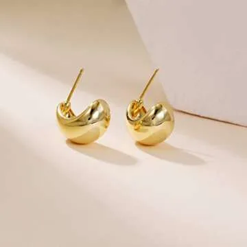 NEVEGE Chunky Gold Hoop Earrings for Women 14K Gold Drop Earrings Sterling Silver Hoops Hypoallergenic Chunky Gold Earrings Lightweight Chunky Earrings for Women