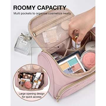 BAGSMART Travel Makeup Bag, Cosmetic Bag Make Up Organizer Case,Large Top Flap Wide Open Pouch for Women Purse for Toiletries Accessories Brushes(Pink)