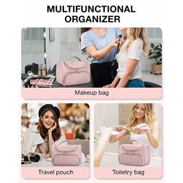 BAGSMART Travel Makeup Bag, Cosmetic Bag Make Up Organizer Case,Large Top Flap Wide Open Pouch for Women Purse for Toiletries Accessories Brushes(Pink)