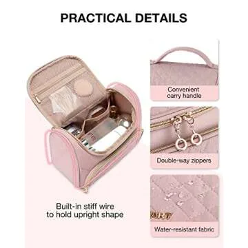 BAGSMART Travel Makeup Bag, Cosmetic Bag Make Up Organizer Case,Large Top Flap Wide Open Pouch for Women Purse for Toiletries Accessories Brushes(Pink)