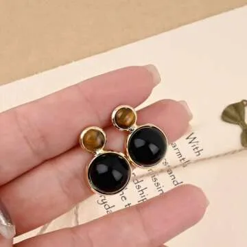 Gold Tiger Eye Stone Obsidian Stud Earrings for Women