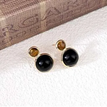 Gold Tiger Eye Stone Obsidian Stud Earrings for Women