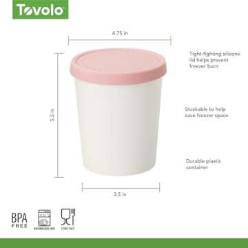 Tovolo Sweet Treat, Reusable Ice Cream Container for Homemade Ice Cream, Pink - 1 Quart Stackable Storage Tubs with Silicone Lids for Freezer - BPA-Free & Dishwasher-Safe