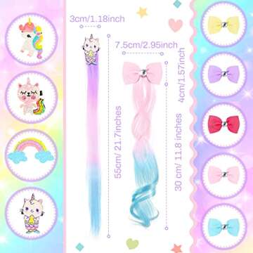 10 Pcs Braiding Hair Extensions with Clips Unicorn Rainbow Mermaid Hair Accessories Curly Straight Colored Hair Clips for Girls Braided Clip on Colored Hair Extensions for Kids Dress Up Supplies