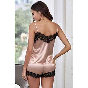 Donyoo Lingerie Sexy Lace Pajamas set, lingerie sleep & lounge wear for women, lingerie silky cute shorts set M,Apricot