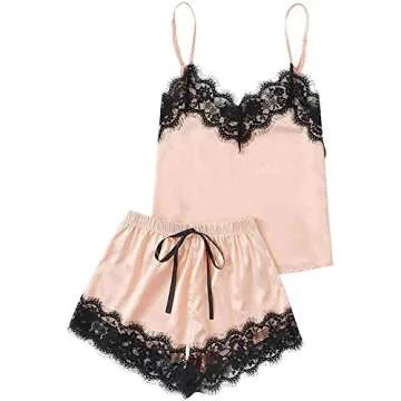 Donyoo Lingerie Sexy Lace Pajamas set, lingerie sleep & lounge wear for women, lingerie silky cute shorts set M,Apricot