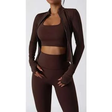Yknktstc Womens Two Piece Tracksuit Set Long Sleeve Zipper Jacket with Athletic High Waist Leggings Workout Outfit M Brown