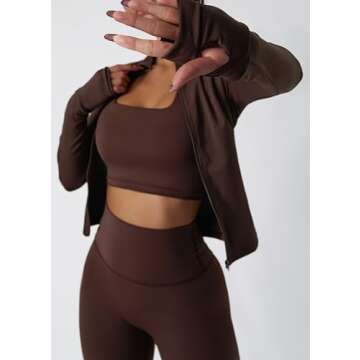 Yknktstc Womens Two Piece Tracksuit Set Long Sleeve Zipper Jacket with Athletic High Waist Leggings Workout Outfit M Brown